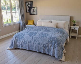 Frosted Harbor Tone-on-Tone Sherpa Blanket, Monstera & Palm Leaf Geometry Throw, Cozy Fleece, Modern Tropical Decor, Mon Palm Collection