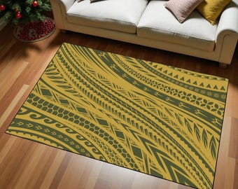 Moss Green Polynesian Rug | Earthy Gold Accent Mat