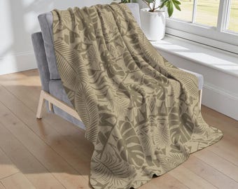 Desert Daydream Tone-on-Tone Sherpa Blanket, Monstera & Palm Leaf Geometry Throw, Cozy Fleece, Modern Tropical Decor, Mon Palm Collection
