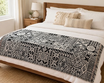 Polynesian Tapa Style Blanket, Wall Tapestry Decor, Black Ivory Woven Cotton Throw