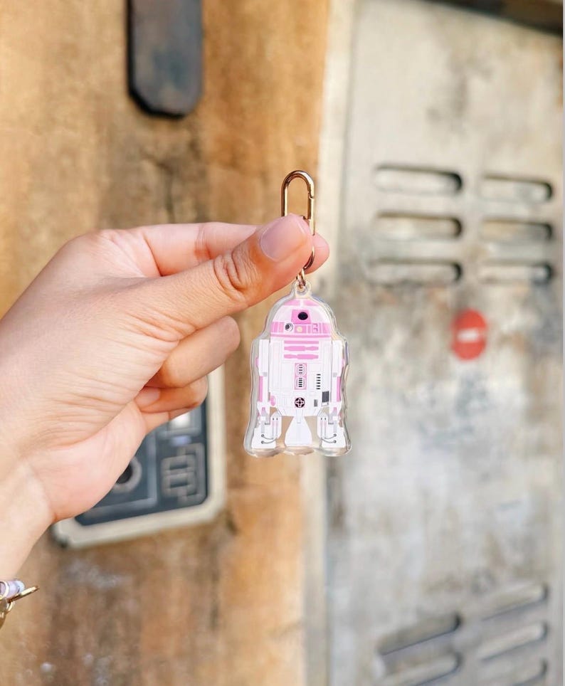 Pu&ograve; includere: Un portachiavi in acrilico trasparente con un design a robot rosa e bianco. Il portachiavi ha un fermaglio in metallo color oro. Il design del robot &egrave; una rappresentazione stilizzata di un popolare personaggio di fantascienza.