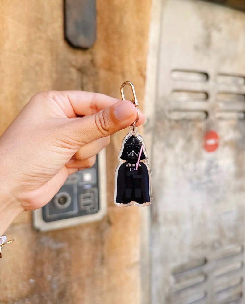 Pu&ograve; includere: Un portachiavi in acrilico trasparente con Darth Vader di Star Wars. Il portachiavi ha un fermaglio color oro e una spada laser rosa. La figura di Darth Vader &egrave; raffigurata in nero e grigio, con un elmo e un mantello dettagliati.
