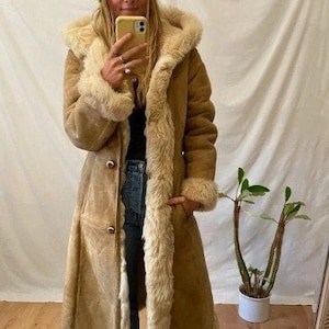 Penny Lane Coat Vintage 70s Boho Long Coat Women Shearling Fur Coat Fur Jacket Afghan Coat Wool Trench Coat Hippie Y2K Shearling Winter Coat