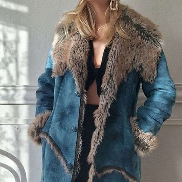 Penny Lane Coat Long Boho Women Fur Coat Long Coat Shearling 70s Vintage Blue Boho Hippie Trench Coat Fur Jacket Afghan Coat Wool Y2K Jacket