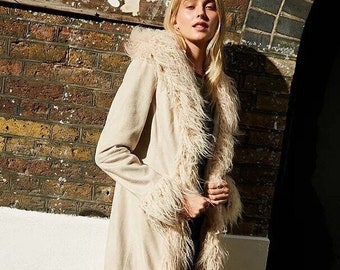 Women Penny Lane Coat Long Coat Women Boho Hippie Trench Coat Women Shearling Fur Coat Afghan Coat in White Wool Coat Warm Winter Coat Women