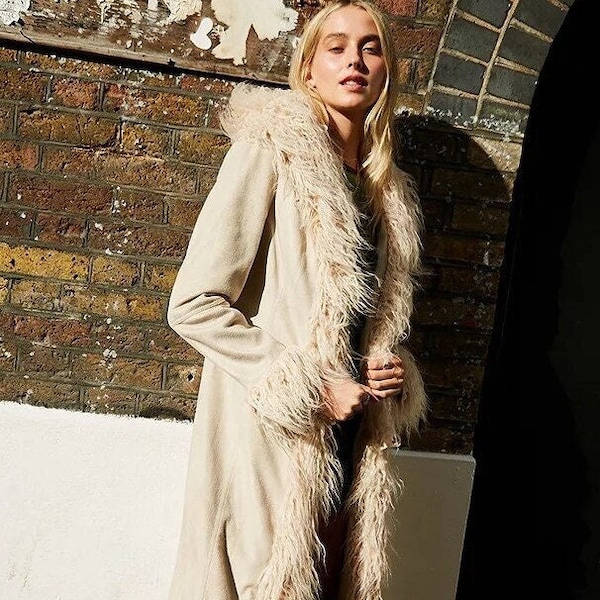 Frauen Penny Lane Mantel Langer Mantel Frauen Boho Hippie Trenchcoat Frauen Shearling Pelzmantel Afghanischer Mantel in Weiß Wollmantel Warmer Wintermantel Frauen