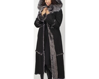 Women Penny Lane Long Boho Shearling Fur Coat Long Coat Leather Trench Coat 70's Vintage in Black Afghan Coat Wool Coat Winter Retro Jacket