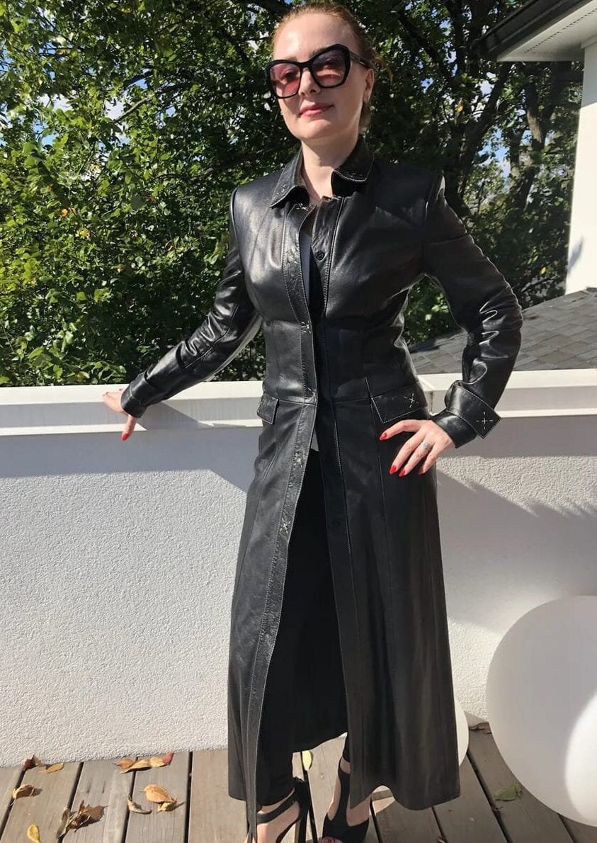 Women Leather Trench Coat - Black Vintage Long Coat - Glossy Women Leather Trench Coat - Black Vintage Long Coat - Glossy
