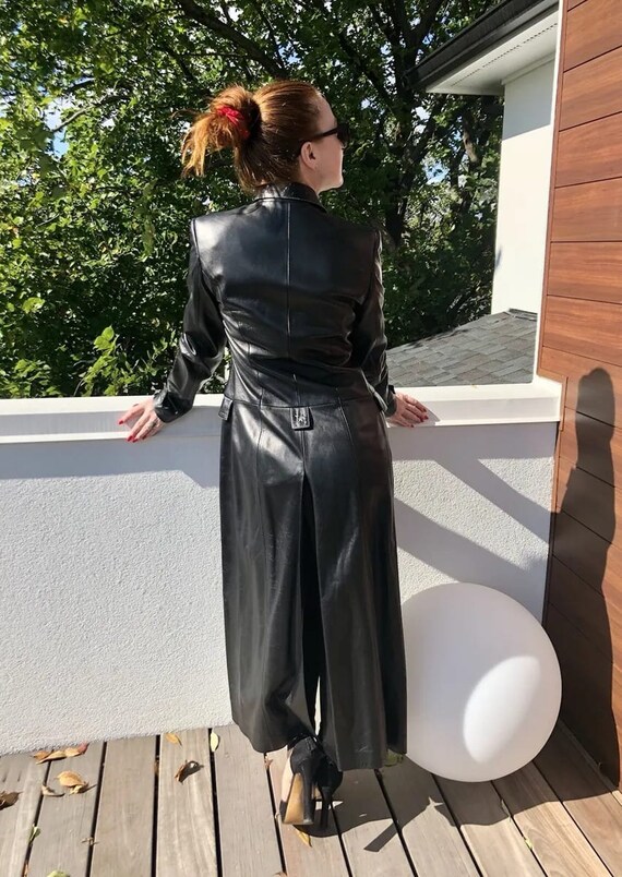 Women Leather Trench Coat - Black Vintage Long Coat - Glossy Women Leather Trench Coat - Black Vintage Long Coat - Glossy