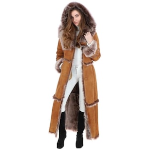 Handmade Women Penny Lane Long Coat Trench Coat Fur Coat Shearling Long Boho Coat in Tan Brown 70's women Sheepskin wool Afghan winter Coat