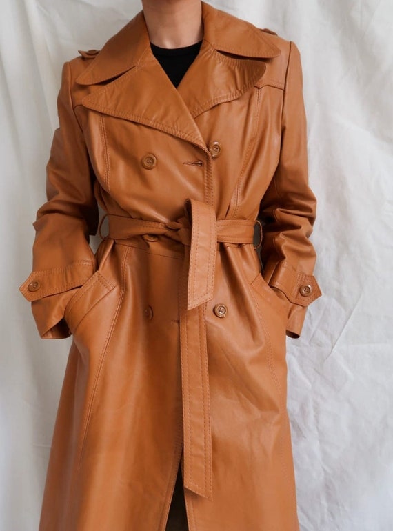 Women Leather Trench Coat Long Coat Brown Leather Jacket 80s 