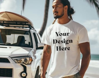 Bella Canvas 3001 Mockup, Mockup di maglietta maschile, Mockup di uomo polinesiano, Mockup di spiaggia maschile, Mockup di uomo attraente, Mockup di maglietta tropicale