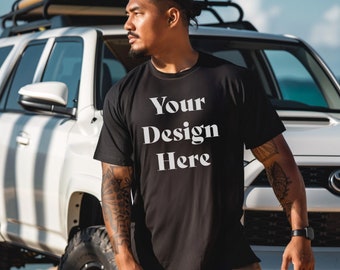 Bella Canvas 3001 Mockup, Mockup di maglietta maschile, Mockup di uomo polinesiano, Mockup di spiaggia maschile, Mockup di uomo attraente, Mockup di maglietta tropicale