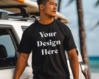 Bella Canvas 3001 Mockup, Mockup di maglietta maschile, Mockup di uomo polinesiano, Mockup di spiaggia maschile, Mockup di uomo attraente, Mockup di maglietta tropicale