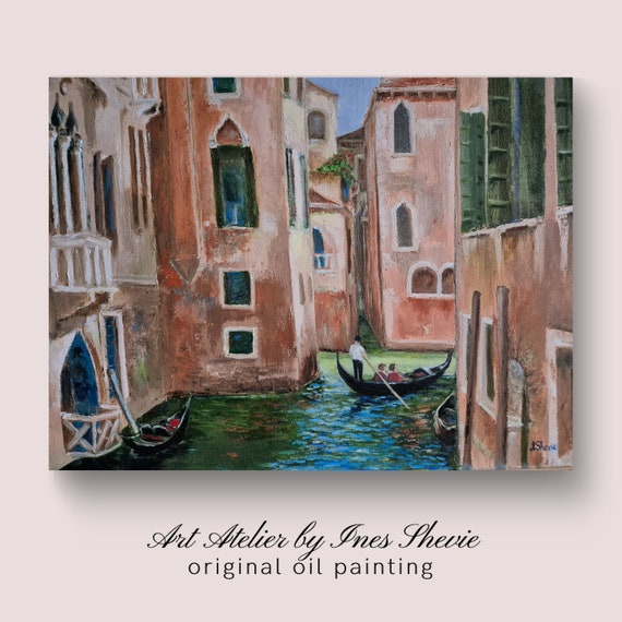 ヴェネツィアの運河を描いた油絵、額入り手作りの都市風景キャンバス