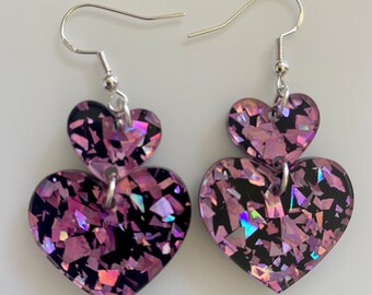 Lila/Svarta Glitter Heart Duo Örhängen