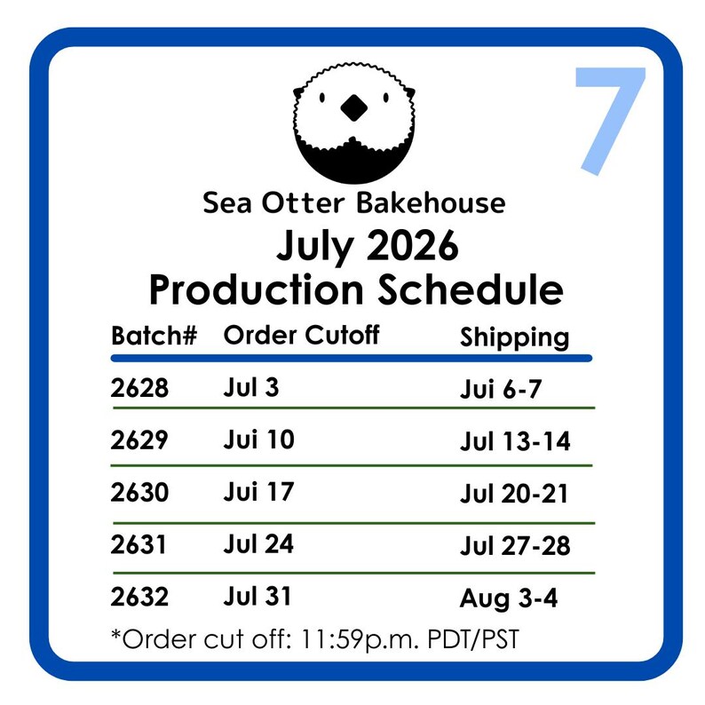 May include: A white rectangular sign with a blue border featuring a black sea otter icon and the text Sea Otter Bakehouse July 2026 Production Schedule. A table lists batch numbers 2628 through 2632 with corresponding order cutoffs and shipping dates.
