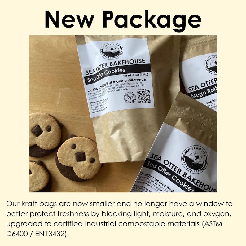 May include: Three brown kraft paper pouches labeled Sea Otter Bakehouse Sea Otter Cookies with a net weight of 6.5oz. Beside the bags are three round cookies featuring a light and dark dough design shaped like a sea otter face with chocolate chips.