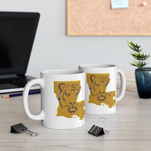 Tigre de Luisiana - Diseño dorado y morado - Taza de cerámica 11oz