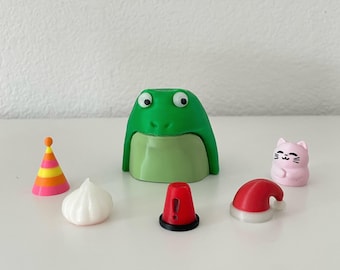3D Printed Frog with Swappable Magnetic Hats - Desk Decor, Miniature Figurines