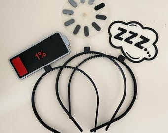 3D Printed Funny Headband: "My Brain is Loading", "Battery Low", "Sleeping Zzzz"