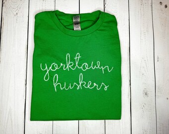 yorktown huskers green hand-embroidered t-shirt/sweatshirt