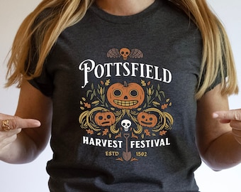 Camiseta del Festival de la Cosecha de Pottsfield, camiseta de calabaza espeluznante de dibujos animados