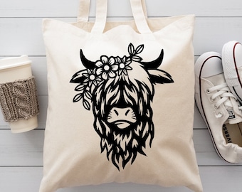Highland Cow Canvas Tote Bag, Fluffy Cow Gift