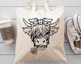Highland Cow Canvas Tote Bag, Fluffy Cow Gift