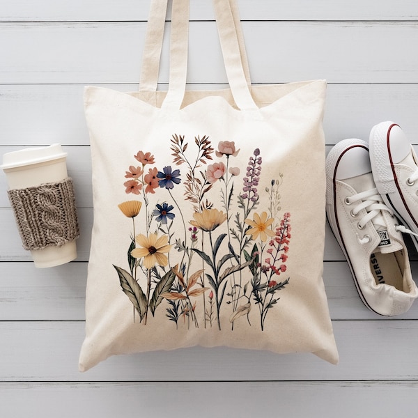 Wildflower Tote Bag,Floral Botanical Tote,Mothers Day Gift,Trendy Flower Shoulder Bag,Women Gift Bag,Shopping Tote Bag,Vintage Flower Bag