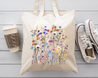 Wildflower Print Canvas Tote Bag, Floral Totes, Gift For Women