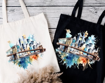 New York Watercolor Tote Bag, Aesthetic Everyday Bag