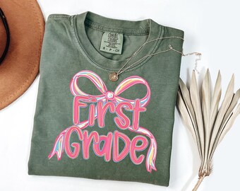 Comfort Colors® First Grade Teacher Shirt, Back to School 1st Grade Tee, Teacher Appreciation Gift, Cute Elementary School, Coquette Bow