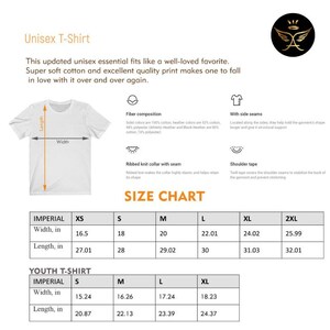 May include: Size chart for a unisex t-shirt with measurements in inches. The chart shows the width and length of the shirt in sizes XS, S, M, L, XL, and 2XL. There is also a separate size chart for youth t-shirts.