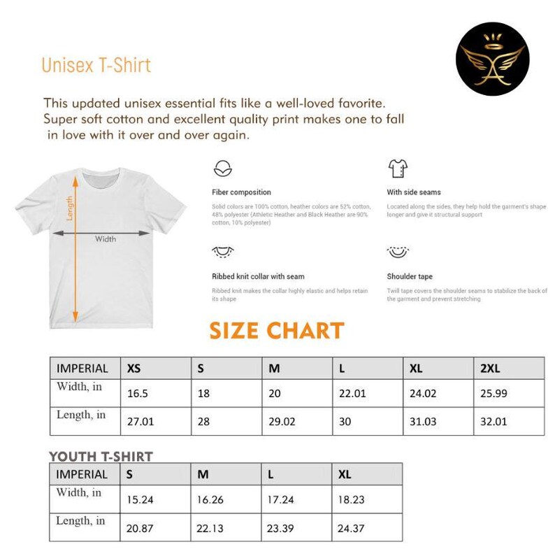 May include: Size chart for a unisex t-shirt with measurements in inches. The chart shows the width and length of the shirt in sizes XS, S, M, L, XL, and 2XL. There is also a separate size chart for youth t-shirts.