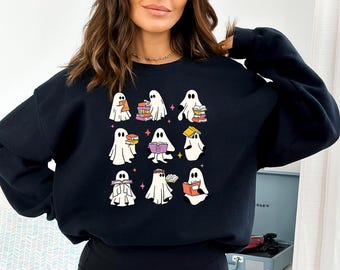 Retro Ghost Reading Books Sweatshirt, Librarian Ghost Halloween, Halloween Teacher Sweatshirt, Halloween Shirt, Teacher Gift, Boo School