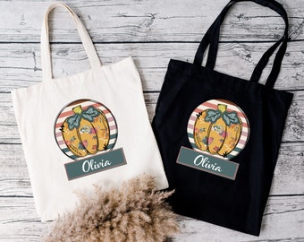 Personalized Pumpkin Canvas Tote Bag, Fall Thanksgiving
