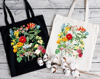 Floral Wildflower Canvas Tote Bag, Botanical Design