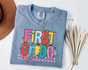 Comfort Colors® First Grade Teacher Shirt, Back to School 1st Grade Tee, Teacher Appreciation Gift, Cute Elementary School, Coquette Bow