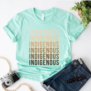 Może przedstawiać: Jasno błękitny t-shirt z napisem "Indigenous" powt&oacute;rzonym sześć razy w gradiencie brązu, pomarańczy i beżu.
