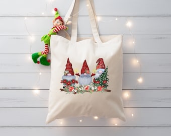Christmas Gnomes Canvas Tote Bag, Holiday Family Gift