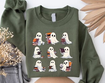 Retro Ghost Reading Books Sweatshirt, Librarian Ghost Halloween, Halloween Teacher Sweatshirt, Halloween Shirt, Teacher Gift, Boo School