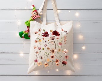 Wildflower Print Canvas Tote Bag, Floral Design