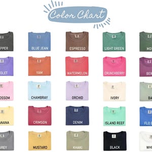 May include: A color chart displaying a variety of t-shirt colors, including Pepper, Blue Jean, Espresso, Light Green, and Moss. Other colors include Violet, Yam, Watermelon, Crunchberry, and Berry. The chart also shows Blossom, Chambray, Orchid, Ivory, Bay, Banana, Crimson, Denim, Island Reef, Flo Blue, Grey, Mustard, Khaki, Black, and White.