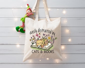 Cat and Books Tote Bag, Book Lover Gift