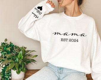 Custom Mama Sweatshirt, Kid Name on Sleeve, Personalized Mom Gift