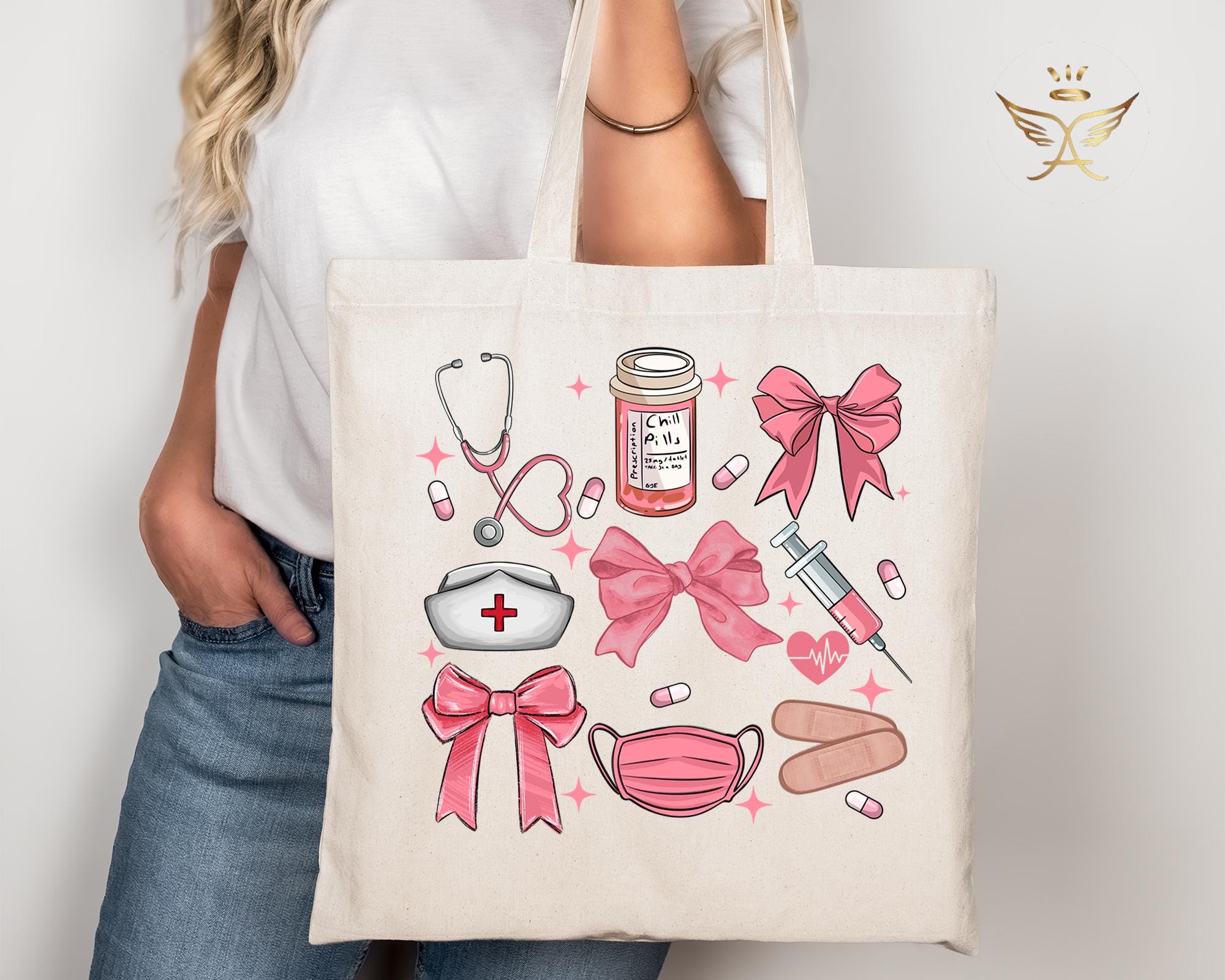 HATIART Canvas Tote Bag Nurses Cute Nurse Inspired Pattern Registered Hospital Charge Nursing Reusable Handbag Shoulder Grocery Shopping Bags