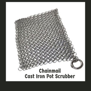 Chainmail pot scrubber for cast iron pans. Size med. Stainless steel rings hand woven in European 4 in 1 pattern, reusable.  Supply is low.