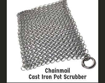 Chainmail pot scrubber for cast iron pans. Size med. Stainless steel rings hand woven in European 4 in 1 pattern, Reusable, Free Shipping