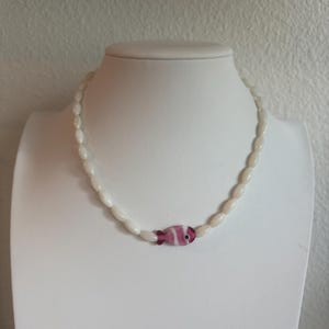 Pink Striped Fish Necklace - White Rice Bead Necklace with Fish Charm | Handmade Summer Jewelry | Boho Beach Necklace | Fun Gift for Her